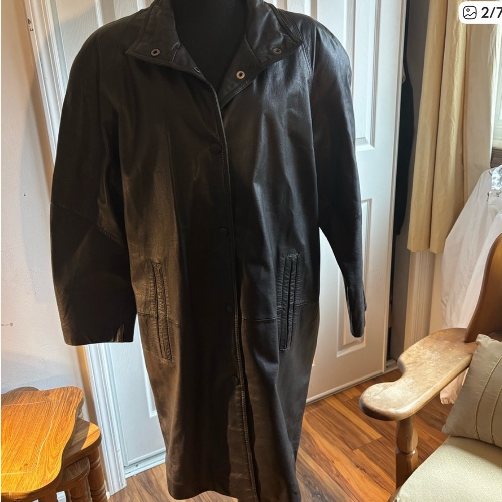 Funnel neck Black real Leather Jacket - Picture 2 of 7